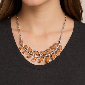 Silver & Amber Leaf Necklace • Nature Inspired Bib Necklace - Boho Fashion